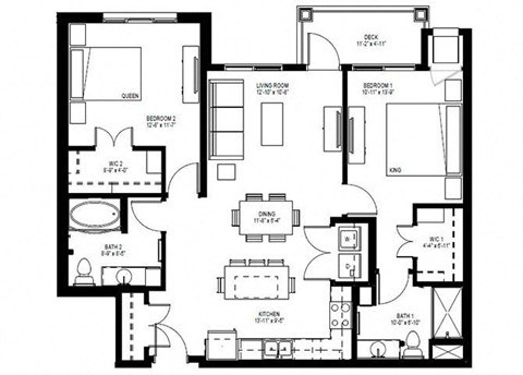 Floor plan for 2 beds, 2 baths, 1041 sqft